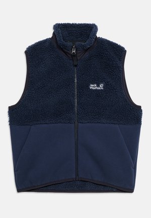 Granatowa bezrękawnikowa kamizelka z polaru z pełnym zamkiem z przodu i logo Jack Wolfskin na lewej piersi.