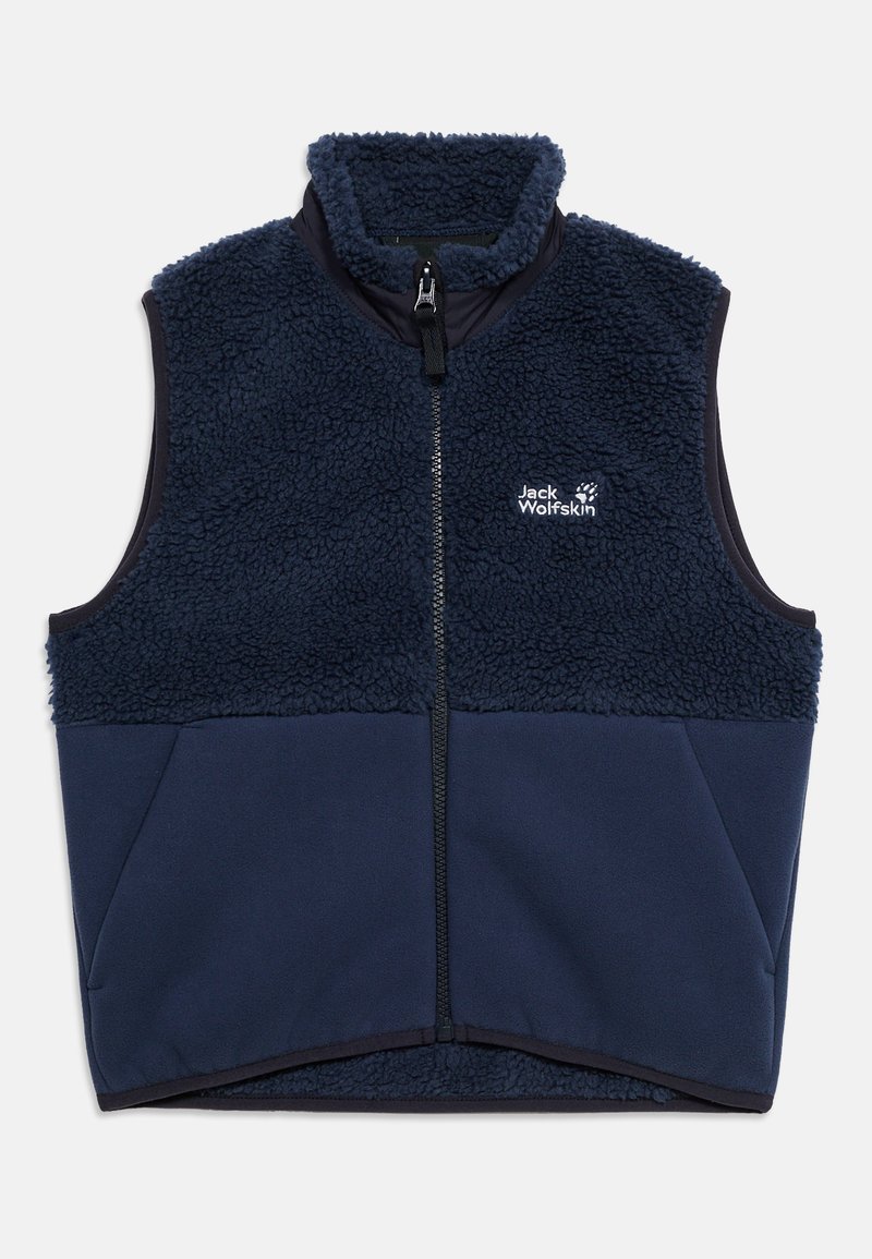Σκούρο μπλε αμάνικο γιλέκο από fleece με πλήρες μπροστινό φερμουάρ και λογότυπο Jack Wolfskin στο αριστερό στήθος.