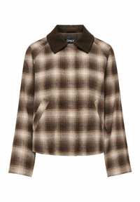 Brun og beige rutete ulljakke med mørkebrun kordfløyelskrage, lange ermer og sidesplitte lommer.