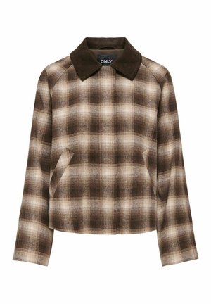 Hnedo-béžový károvaný vlnený kabát s tmavohnedým kordurovým golierom, dlhými rukávmi a bočnými vreckami s rozparkom.