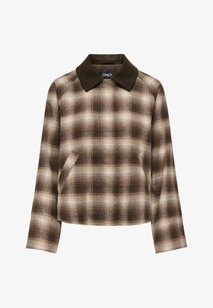 Hnedo-béžový károvaný vlnený kabát s tmavohnedým kordurovým golierom, dlhými rukávmi a bočnými vreckami s rozparkom.