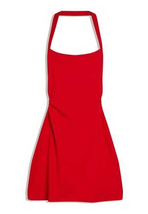 Rochie roșie fără mâneci, cu guler halter și fustă ușor evazată, așezată pe o suprafață plană, cu mici cute.