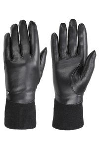Juodos odinės pirštinės su sandariu nėriniuotu rankoviu, lygiu paviršiumi ir mažais metaliniais akcentais, sukurtos šilumai ir komfortui.