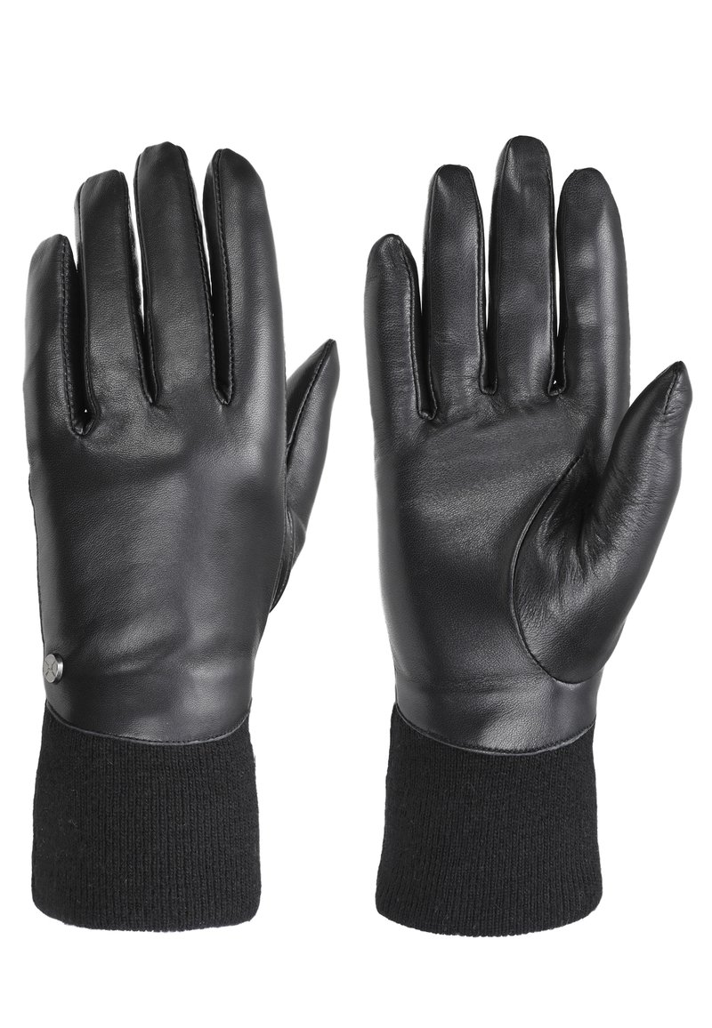 Juodos odinės pirštinės su sandariu nėriniuotu rankoviu, lygiu paviršiumi ir mažais metaliniais akcentais, sukurtos šilumai ir komfortui.