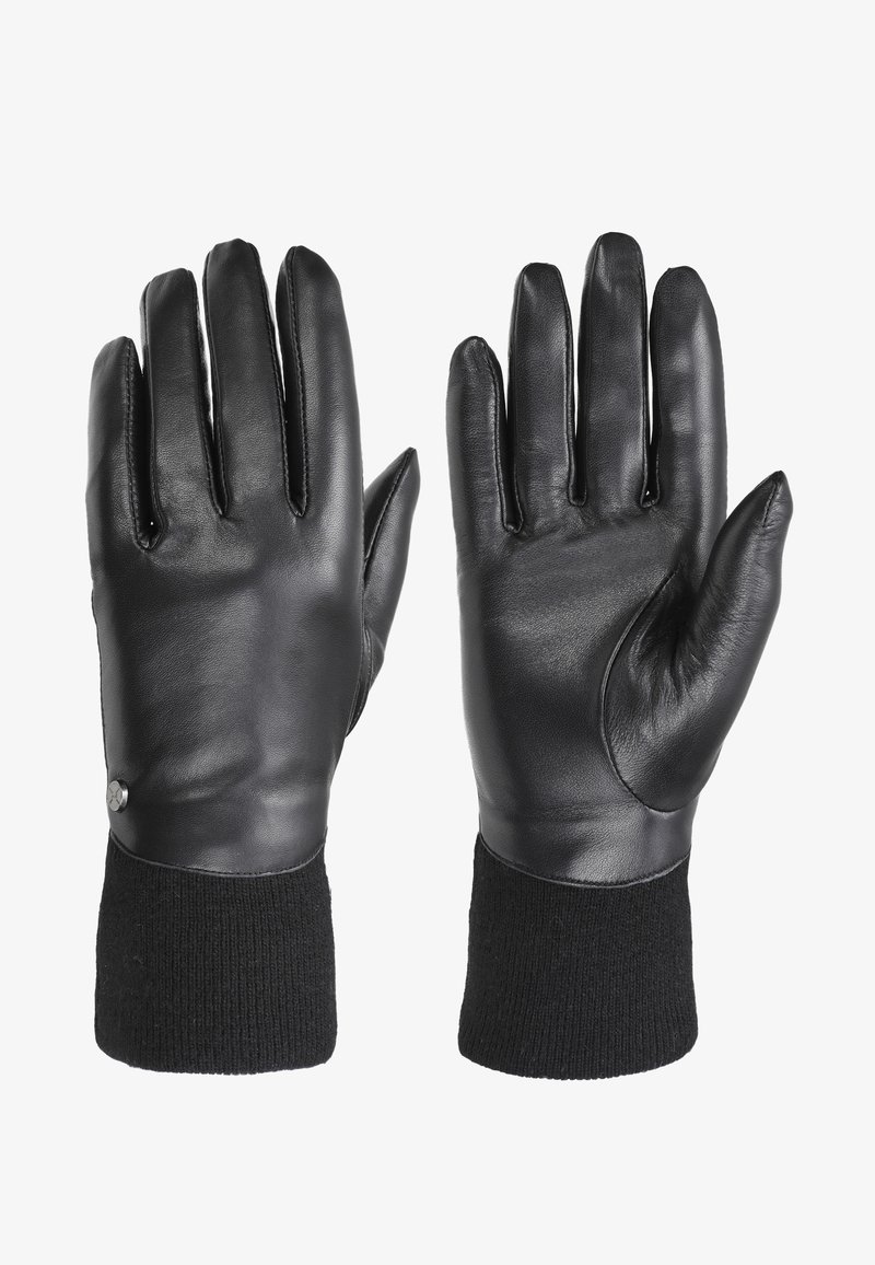 Juodos odinės pirštinės su sandariu nėriniuotu rankoviu, lygiu paviršiumi ir mažais metaliniais akcentais, sukurtos šilumai ir komfortui.