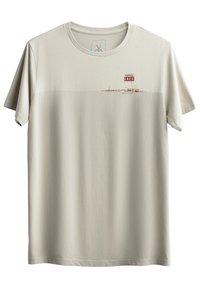 Lichtbeige katoenen t-shirt met korte mouwen en een ronde halslijn, met een geprinte afbeelding van een café-bord over de borst.