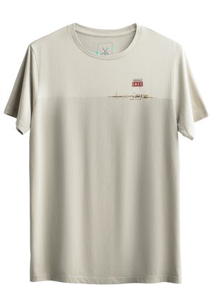 Lichtbeige katoenen t-shirt met korte mouwen en een ronde halslijn, met een geprinte afbeelding van een café-bord over de borst.