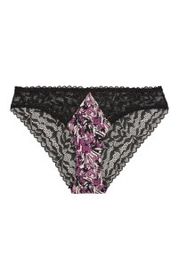 Shorty en dentelle noire avec un panneau central à imprimé floral en rose et violet, avec des bords festonnés et des détails en dentelle complexes.