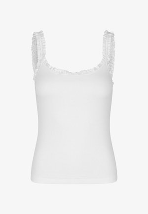 Vit ribbad linne med spetsdetaljer på axelbanden och rundad halsringning. Tillverkad av ett mjukt och lätt material.