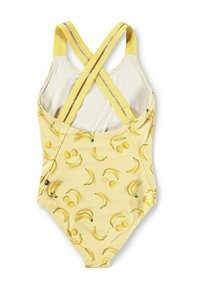 Gul heldräkt med banan- och citrontryck, som har korsade remmar och en mjuk textur, lämplig för vattensporter.