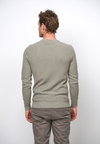 Maglione a maglia grigio chiaro con collo a giro e maniche lunghe, dotato di polsini e orlo a coste. Indossato con pantaloni beige, visto da dietro.