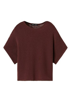 Smeđi pleteni džemper kratkih rukava s okruglim izrezom i širokim krojem, položen ravno na bijeloj pozadini.