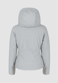Giacca grigia chiara con cappuccio, texture liscia, design aderente, dettagli delle cuciture e silhouette pulita. Adatta per un abbigliamento casual.