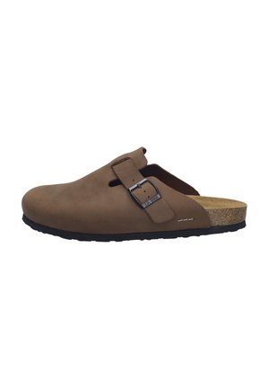 Brauner Leder-Slipper (Clog) mit verstellbarem Schnallenriemen, Korkfußbett und schwarzer Gummisohle.