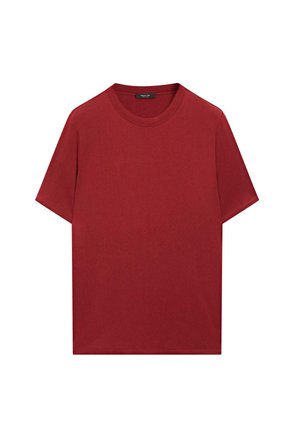 Red cotton t-shirt with short sleeves, a round neck, and a smooth texture. Simple design with no patterns or accents visible.