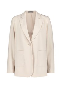 Beiger taillierter Blazer aus glattem Stoff. Verfügt über einen Ein-Knopf-Verschluss, zwei Vorderaschen und ein Reversdesign.