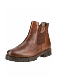 Bottine en cuir marron avec une finition lisse, des panneaux latéraux élastiques, des accents texturés et une semelle en caoutchouc robuste. Design classique Chelsea.