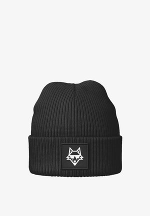 Black knit beanie with ribbed texture features a black patch displaying a white wolf graphic on the front.