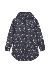 Marinblå jacka med blommönster i rosa och grönt. Har en dragkedja framtill, elastiska ärmslut och huva. Lätt material med en mjuk textur.