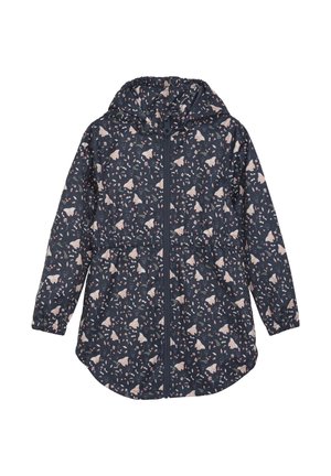 Veste bleu marine avec motif floral en rose et vert. Dotée d'une fermeture éclair à l'avant, de poignets élastiques et d'une capuche. Tissu léger avec une texture lisse.