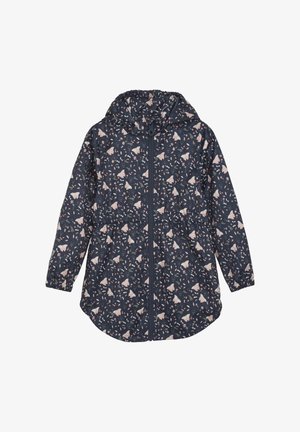 Marineblå jakke med blomstermønster i pink og grøn. Har lynlås foran, elastiske manchetter og hætte. Letvægtsstof med en glat tekstur.