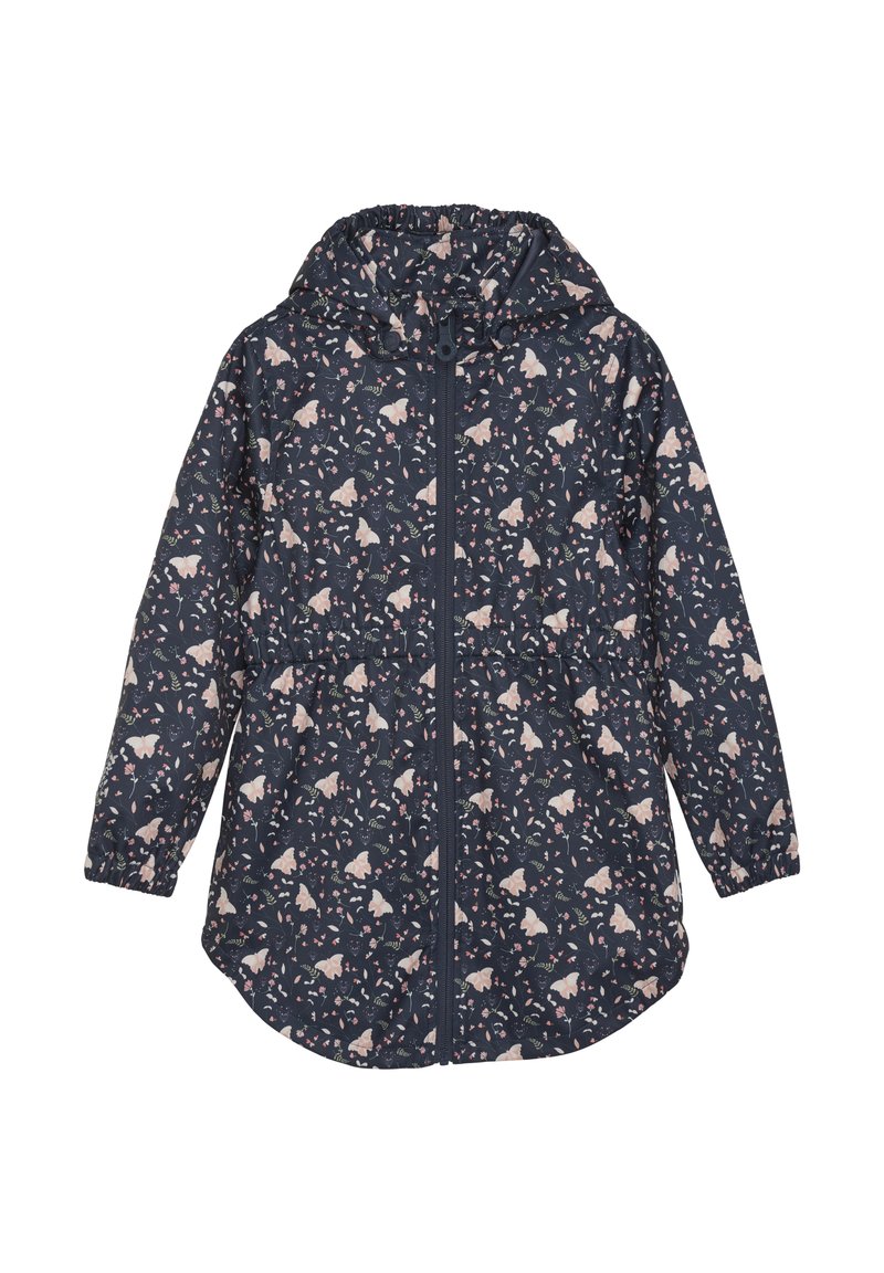 Marinblå jacka med blommönster i rosa och grönt. Har en dragkedja framtill, elastiska ärmslut och huva. Lätt material med en mjuk textur.