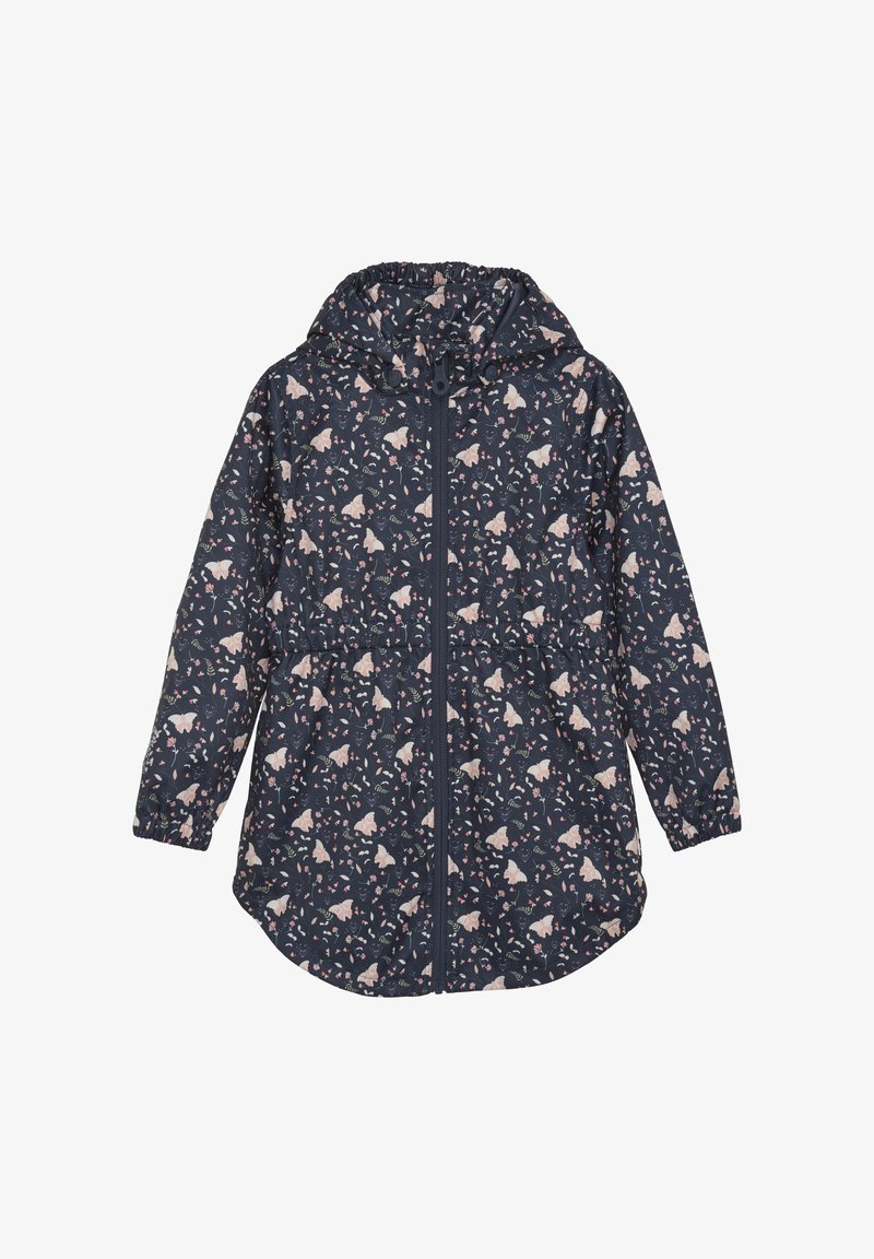 Marinblå jacka med blommönster i rosa och grönt. Har en dragkedja framtill, elastiska ärmslut och huva. Lätt material med en mjuk textur.