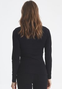 Langærmet sort skjorte lavet af strækstof, tætsiddende design, med rund halsudskæring og glat tekstur, båret med mørke jeans.