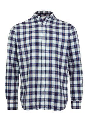 Karirana srajca z gumbki, ki vključuje modro, belo in rjavo barvno shemo, dolge rokave in klasičen ovratnik. Narejena iz lahkega blaga.