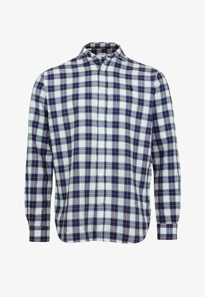 Karirana srajca z gumbki, ki vključuje modro, belo in rjavo barvno shemo, dolge rokave in klasičen ovratnik. Narejena iz lahkega blaga.