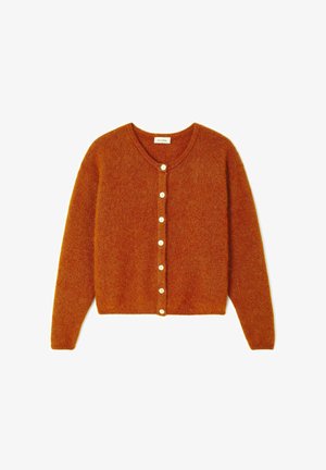 Rudos-oranžinės spalvos kardiganas, pagamintas iš minkštos ir tekstūruotos medžiagos, su V formos iškirpimu ir šešiais baltais mygtukais priekyje. Trumpesnė ilgis.