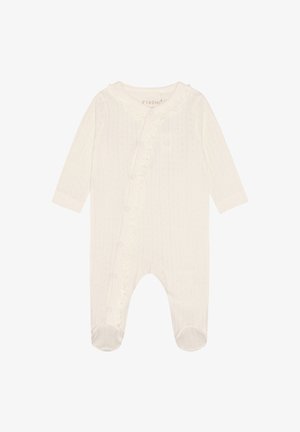 Kremowy śpioszek dla niemowląt z długim rękawem i stopkami, z teksturowanym wzorem dzianiny, falbanką oraz zatrzaskami od dekoltu aż do nogawki.