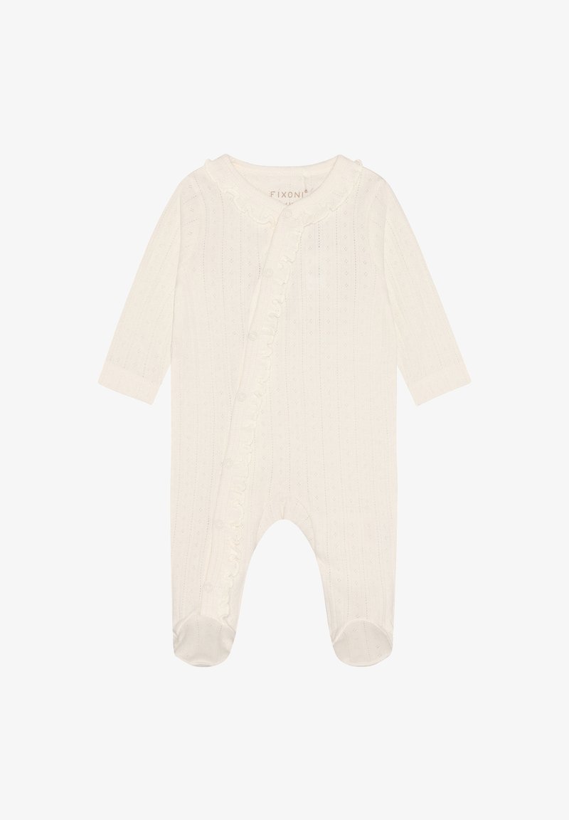 Kremowy śpioszek dla niemowląt z długim rękawem i stopkami, z teksturowanym wzorem dzianiny, falbanką oraz zatrzaskami od dekoltu aż do nogawki.