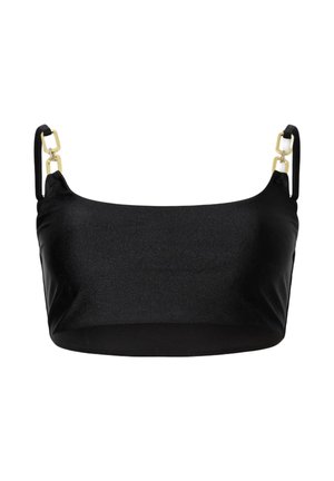 Zwarte cropped top met dunne bandjes verbonden door gouden rechthoekige schakels, met een rechte halslijn en gladde stof.