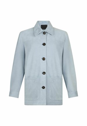 Light blue long-sleeve jacket with five black buttons, two front pockets, and a pointed collar.