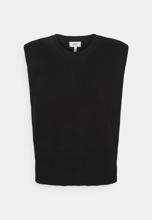 Black sleeveless knitted top with a round neckline, folded neatly against a white background.
