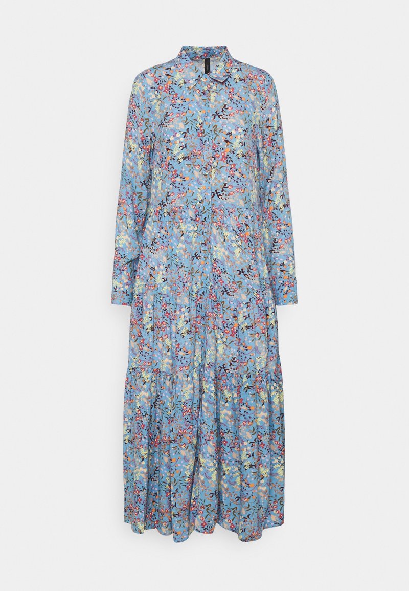 Robe bleue à manches longues avec motif floral multicolore, fermeture boutonnée devant, col et jupe à volants.