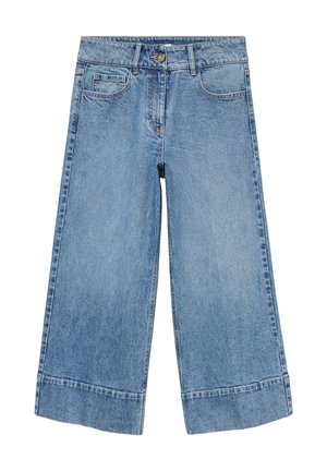 Jean cropped bleu clair à jambes larges avec poches avant, passants pour ceinture et fermeture par bouton.