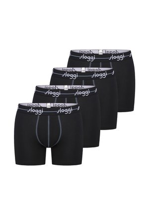 Vier schwarze Boxershorts für Herren mit grauen Nähten und elastischen Bunds mit der Marke "sloggi", in versetzter Reihe präsentiert.
