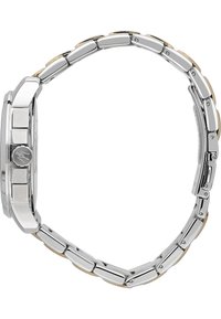 Orologio argento con bracciale in acciaio inossidabile. Cassa rettangolare con superficie testurizzata, con accenti dorati sui link. Corona tondeggiante.