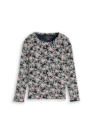 Zwarte blouse met lange mouwen, witte omlijnde bloemen en roze centra, ronde hals en licht gerimpelde manchetten.