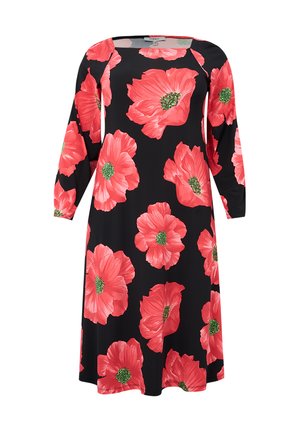 Sort kjole med trekvartærmer, der har store røde blomsterprint med grønne centre. Blødt stof med en flot silhuet.