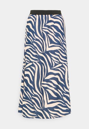 Niebiesko-biała spódnica do kolan z abstrakcyjnymi pasiakami zebry i czarnym elastycznym pasem w talii.