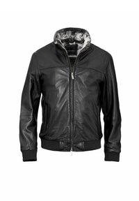 Zwarte leren jas met ritssluiting, geribbelde manchetten en een zachte, pluizige kraagvoering. Gladde oppervlakte met minimale stiksel-details.