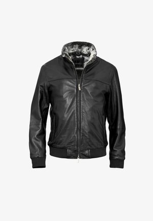 Zwarte leren jas met ritssluiting, geribbelde manchetten en een zachte, pluizige kraagvoering. Gladde oppervlakte met minimale stiksel-details.