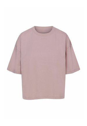 Koszulka z krótkim rękawem, oversize, wykonana z miękkiej bawełny, w jasnoróżowym kolorze, z prążkowanym okrągłym dekoltem i minimalnymi detalami przeszyć.