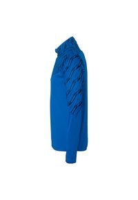 Blå langærmet skjorte med høj krave; siden har et tekstureret sort stribemønster; lavet af letvægts, åndbart stof.