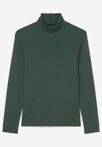 Maglione a maniche lunghe verde scuro con collo alto, realizzato in tessuto morbido e elasticizzato. Presenta un collo alto e polsini aderenti, con una texture liscia e uniforme.