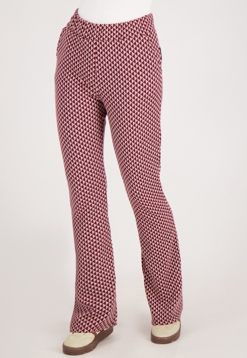Uitlopende broek in bordeauxrood met een crèmekleurig geometrisch patroon, met een comfortabele tailleband en een zachte stoftextuur, in een casual pasvorm.