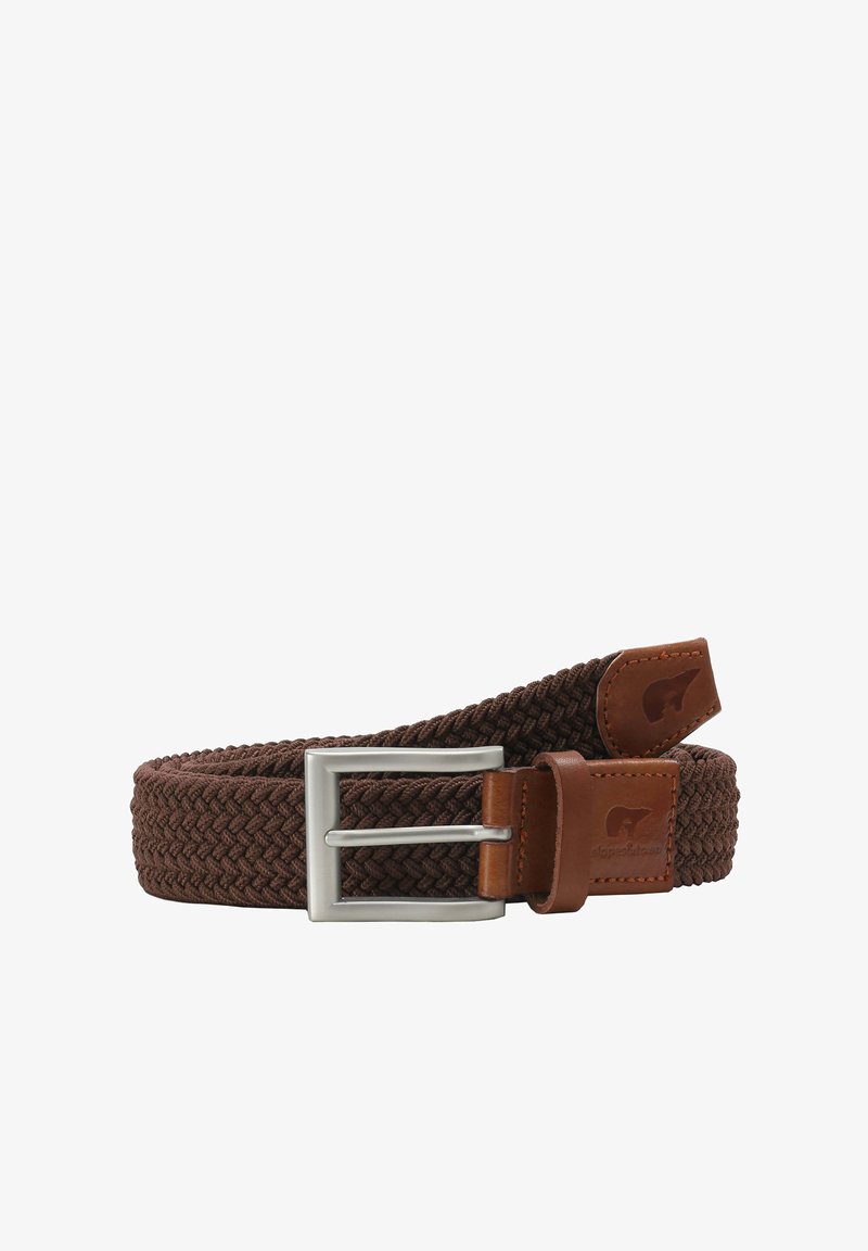 Brauner gewebter Gummibund mit einer silbernen Metallschnalle. Verfügt über ein Lederakzent mit Logo-Detail für einen zusätzlichen Touch. Für eine verstellbare Passform gestaltet.